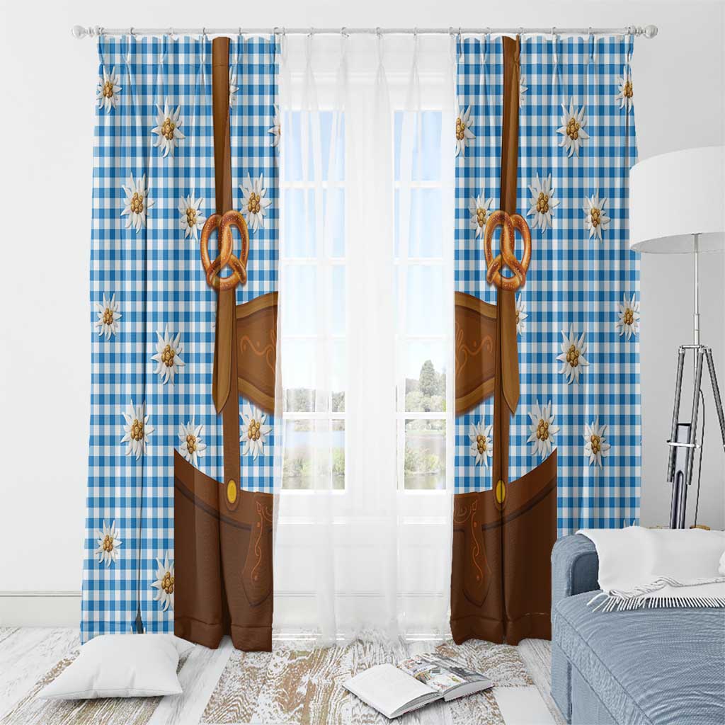 Traditional German Costume - Lederhosen and Soft Pretzel Window Curtain Red Plaid Pattern with Edelweiss Flowers