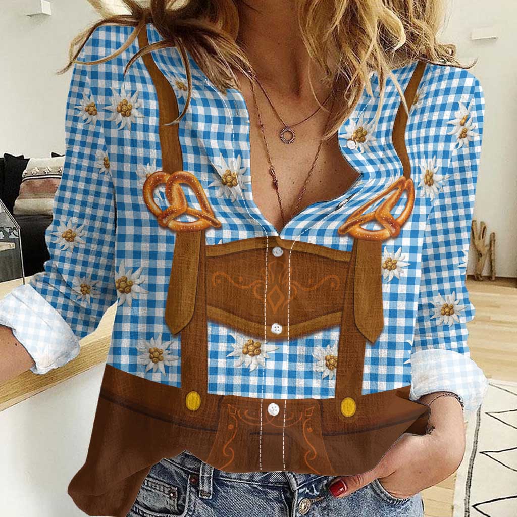 Traditional German Costume - Lederhosen and Soft Pretzel Women Casual Shirt Red Plaid Pattern with Edelweiss Flowers