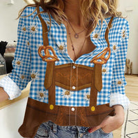 Traditional German Costume - Lederhosen and Soft Pretzel Women Casual Shirt Red Plaid Pattern with Edelweiss Flowers
