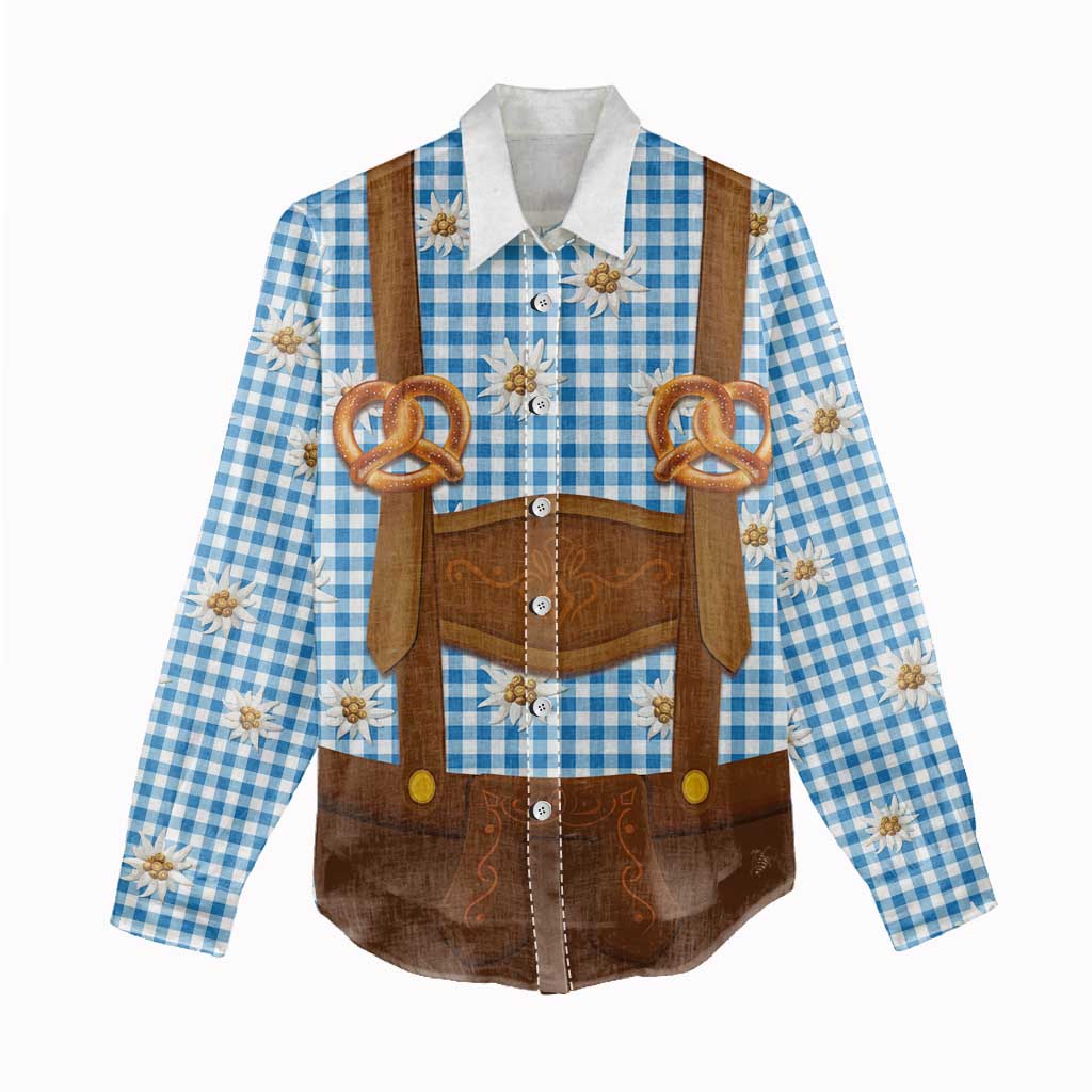 Traditional German Costume - Lederhosen and Soft Pretzel Women Casual Shirt Red Plaid Pattern with Edelweiss Flowers