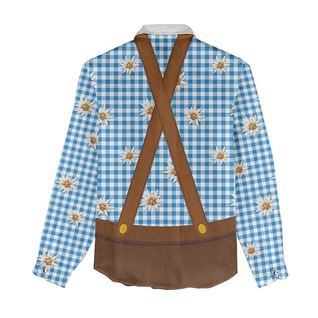 Traditional German Costume - Lederhosen and Soft Pretzel Women Casual Shirt Red Plaid Pattern with Edelweiss Flowers