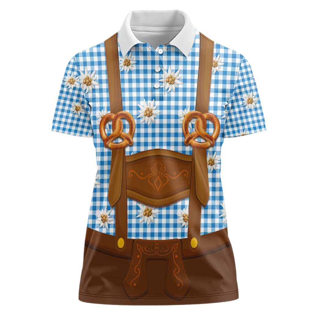 Traditional German Costume - Lederhosen and Soft Pretzel Women Polo Shirt Red Plaid Pattern with Edelweiss Flowers