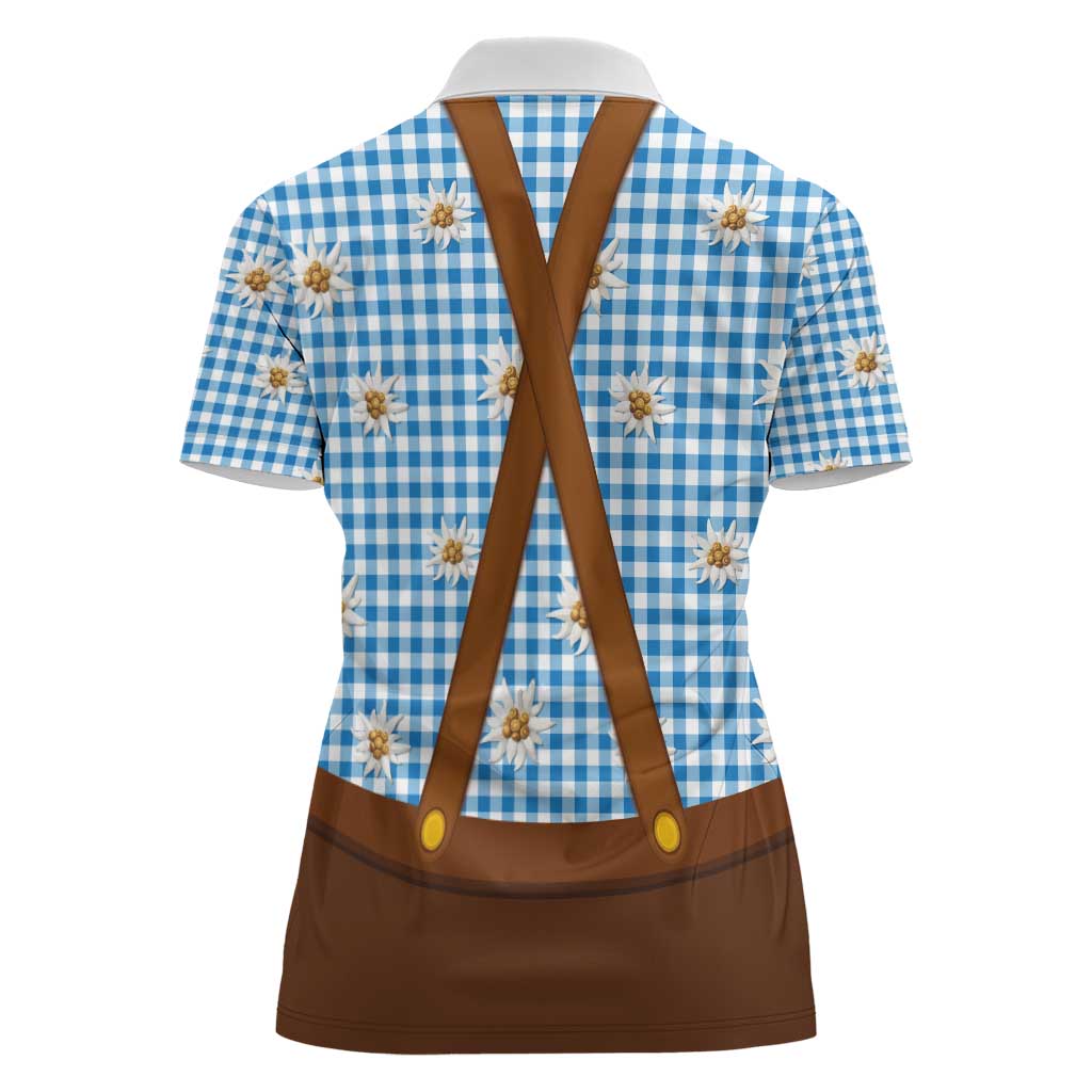 Traditional German Costume - Lederhosen and Soft Pretzel Women Polo Shirt Red Plaid Pattern with Edelweiss Flowers