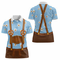 Traditional German Costume - Lederhosen and Soft Pretzel Women Polo Shirt Red Plaid Pattern with Edelweiss Flowers