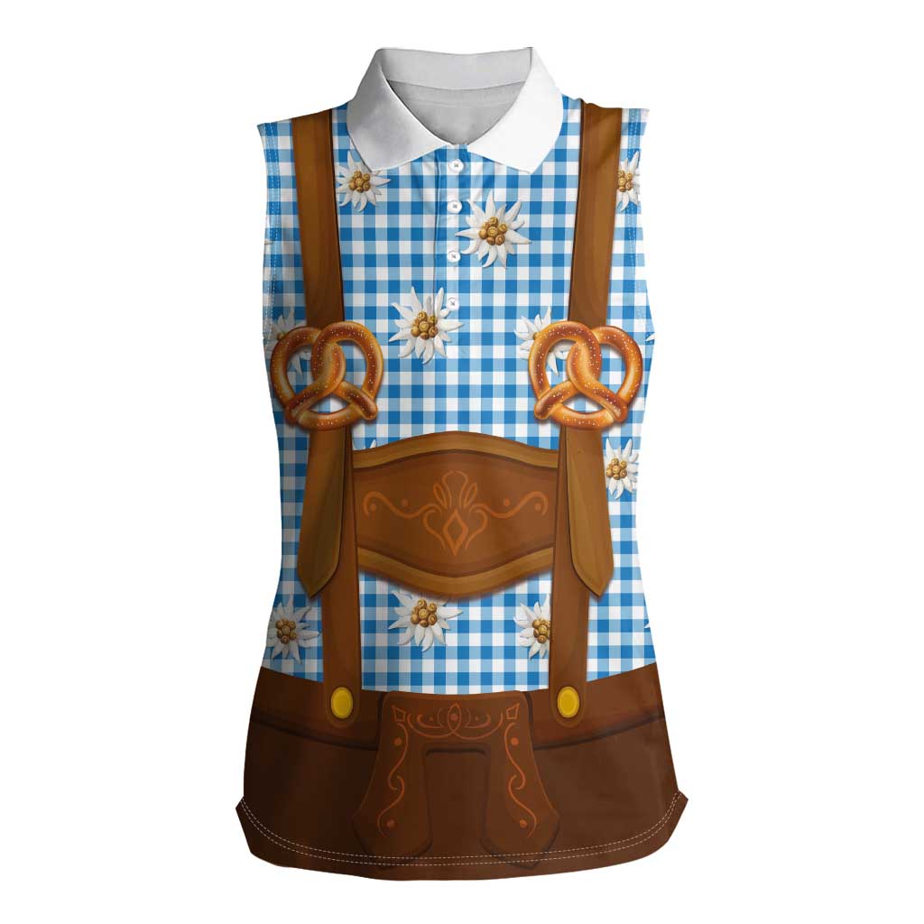 Traditional German Costume - Lederhosen and Soft Pretzel Women Sleeveless Polo Shirt Red Plaid Pattern with Edelweiss Flowers