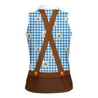 Traditional German Costume - Lederhosen and Soft Pretzel Women Sleeveless Polo Shirt Red Plaid Pattern with Edelweiss Flowers