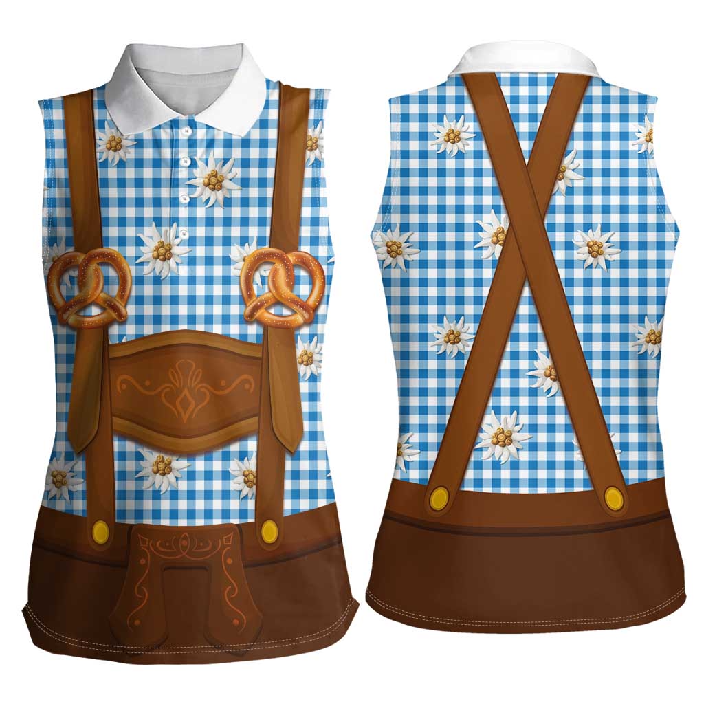 Traditional German Costume - Lederhosen and Soft Pretzel Women Sleeveless Polo Shirt Red Plaid Pattern with Edelweiss Flowers