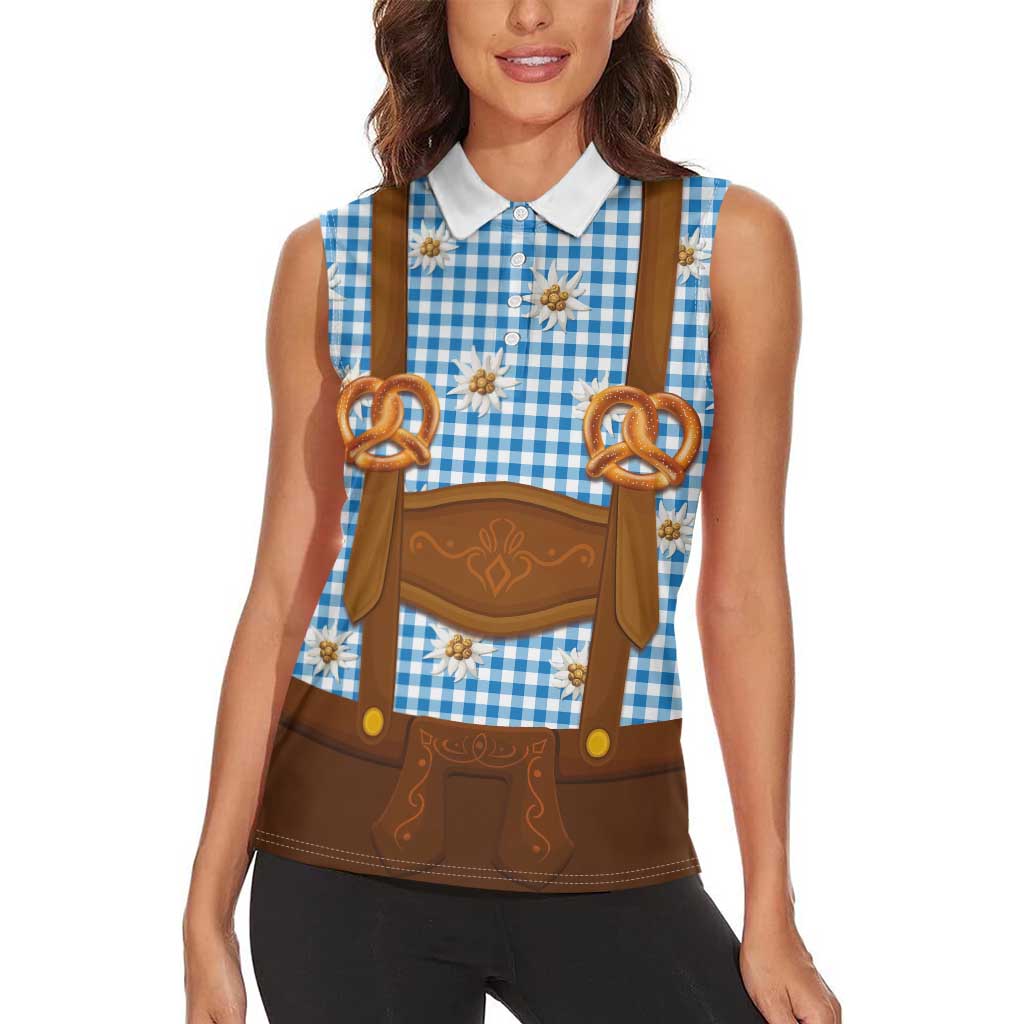 Traditional German Costume - Lederhosen and Soft Pretzel Women Sleeveless Polo Shirt Red Plaid Pattern with Edelweiss Flowers