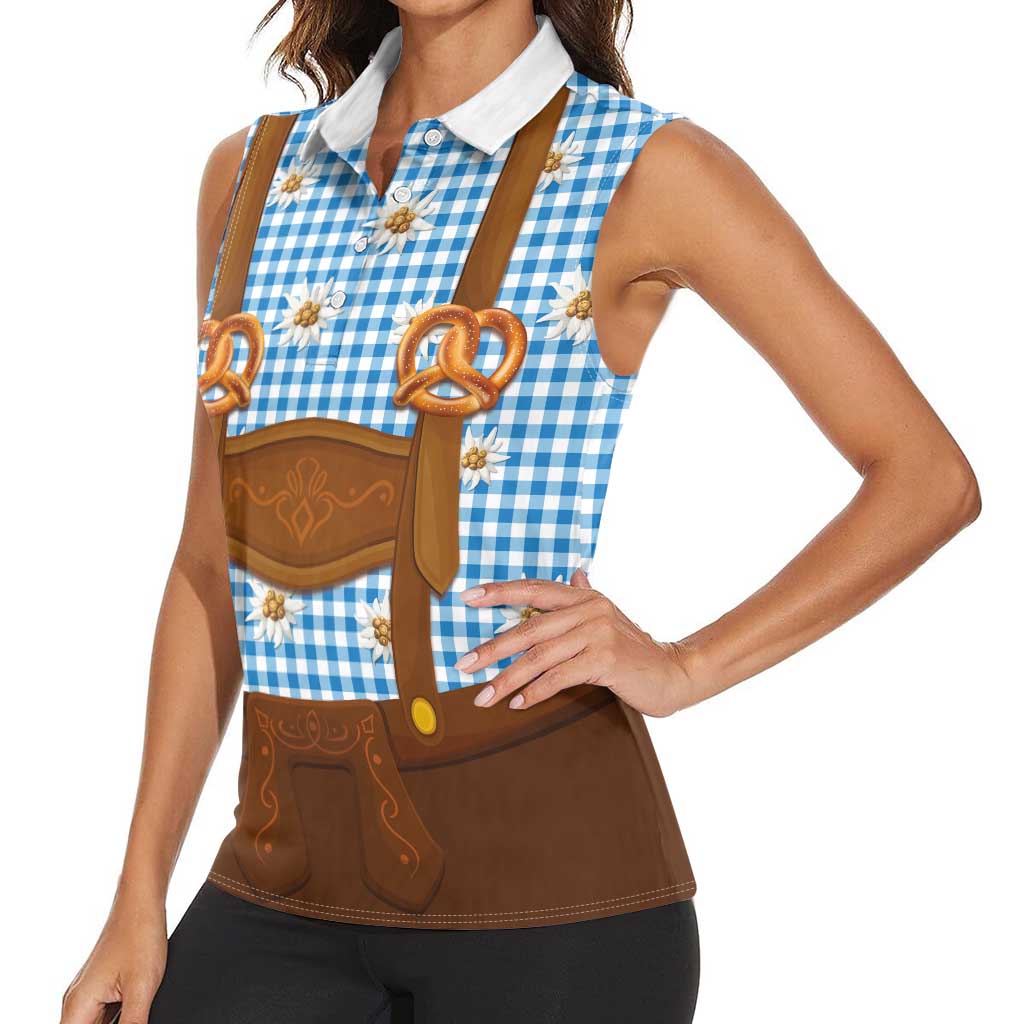 Traditional German Costume - Lederhosen and Soft Pretzel Women Sleeveless Polo Shirt Red Plaid Pattern with Edelweiss Flowers