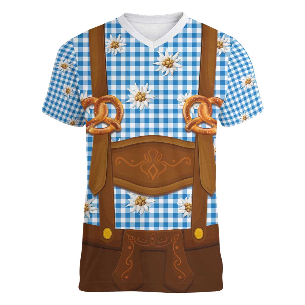 Traditional German Costume - Lederhosen and Soft Pretzel Women V-Neck T-Shirt Red Plaid Pattern with Edelweiss Flowers