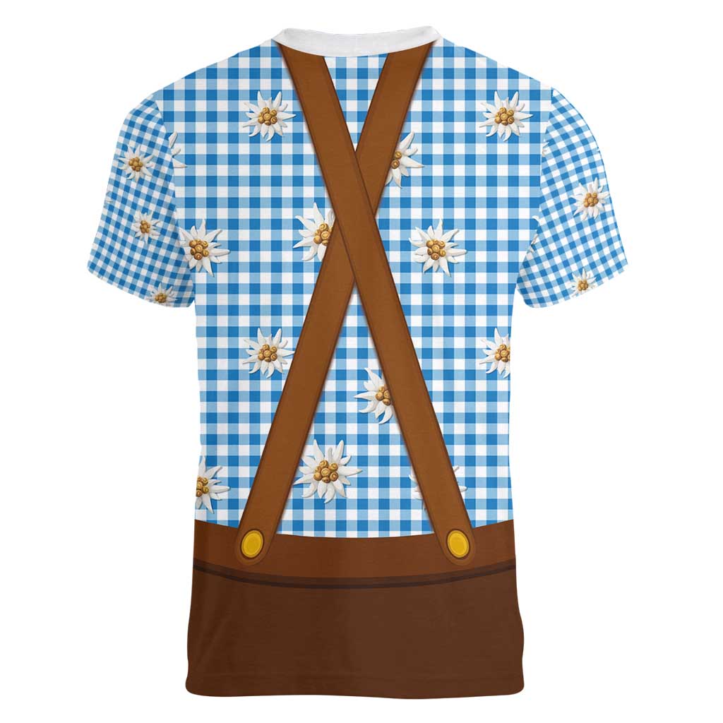 Traditional German Costume - Lederhosen and Soft Pretzel Women V-Neck T-Shirt Red Plaid Pattern with Edelweiss Flowers