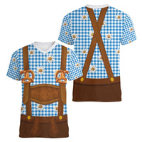 Traditional German Costume - Lederhosen and Soft Pretzel Women V-Neck T-Shirt Red Plaid Pattern with Edelweiss Flowers