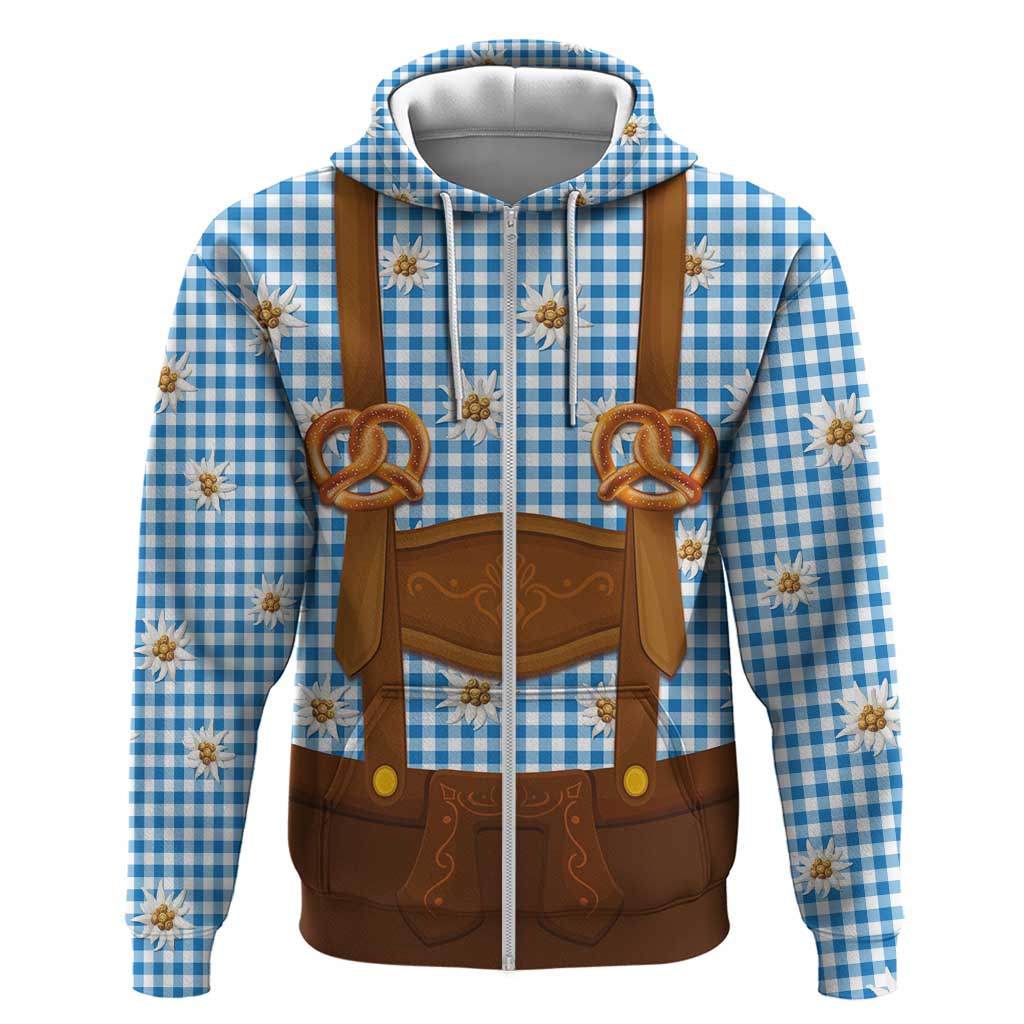 Traditional German Costume - Lederhosen and Soft Pretzel Zip Hoodie Red Plaid Pattern with Edelweiss Flowers