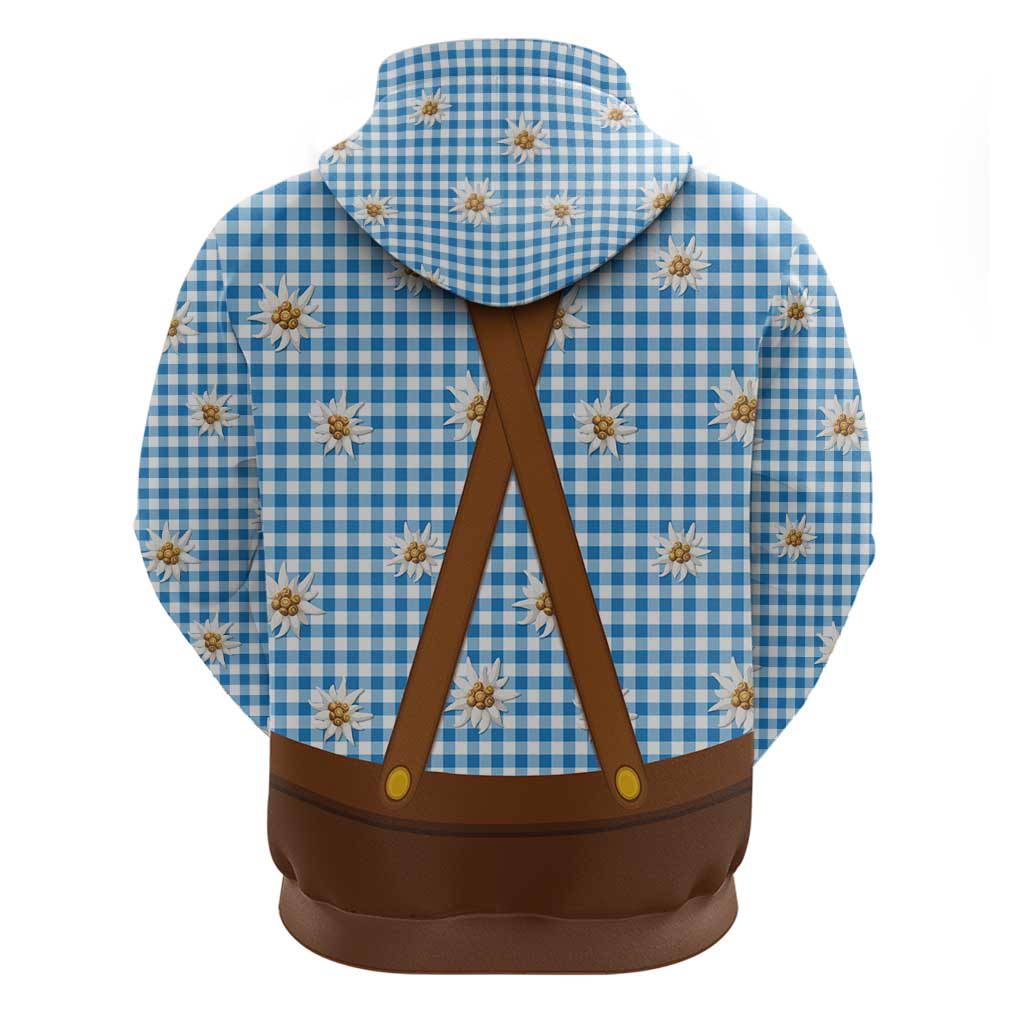 Traditional German Costume - Lederhosen and Soft Pretzel Zip Hoodie Red Plaid Pattern with Edelweiss Flowers