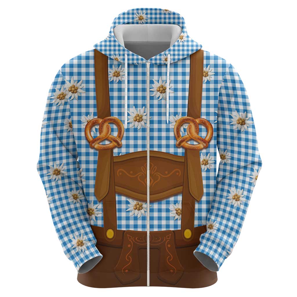 Traditional German Costume - Lederhosen and Soft Pretzel Zip Hoodie Red Plaid Pattern with Edelweiss Flowers
