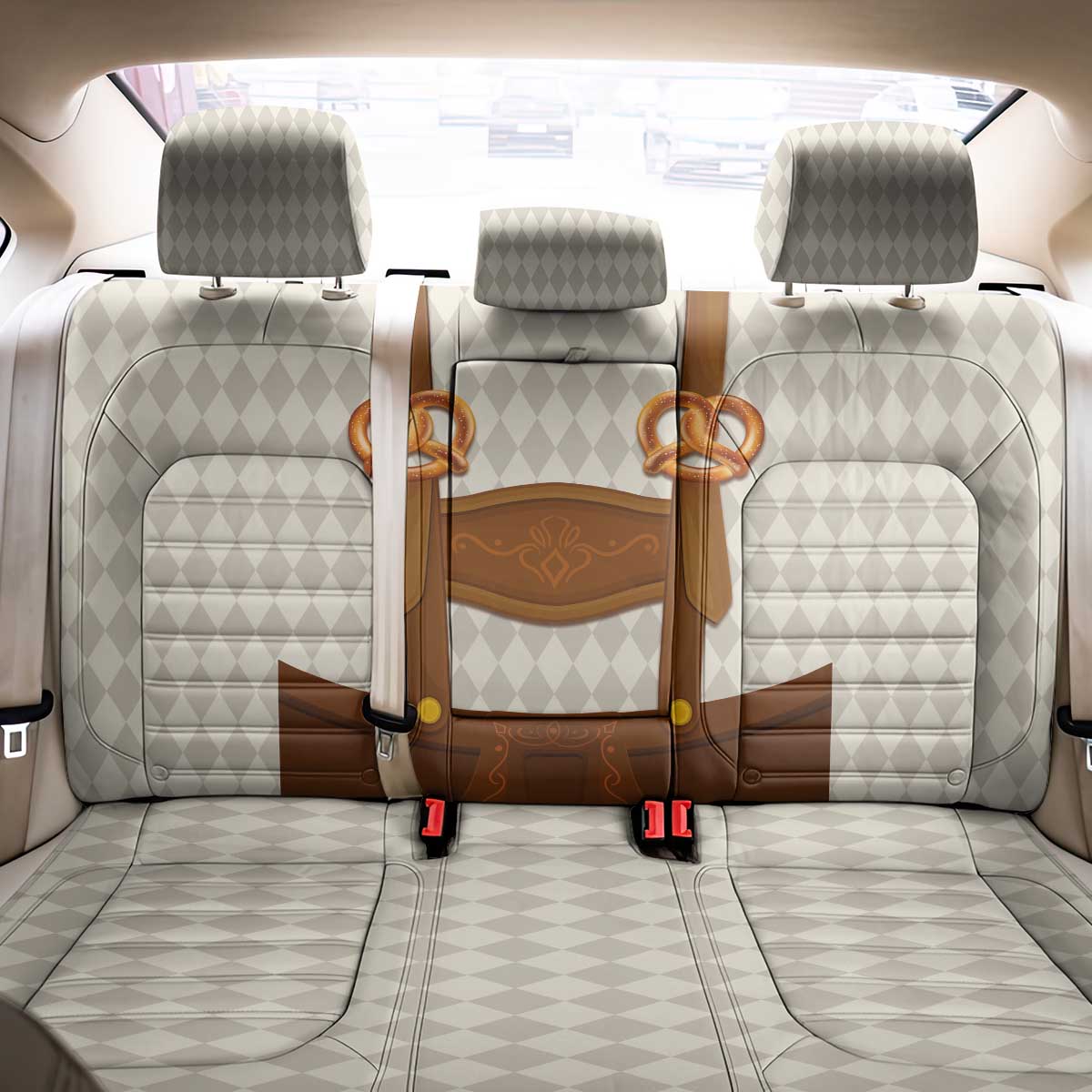 Traditional German Costume - Lederhosen and Soft Pretzel Back Car Seat Cover Old Vintage Bavarian Pattern