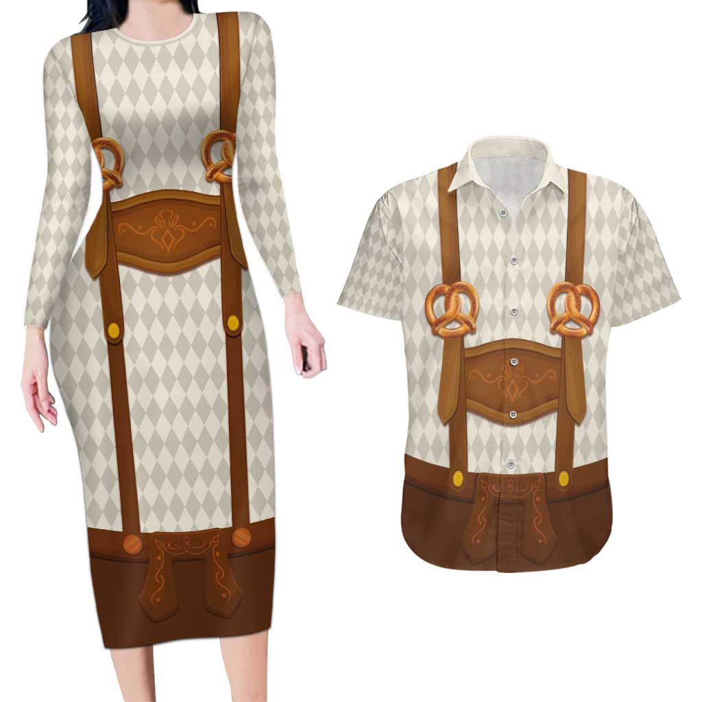 Traditional German Costume - Lederhosen and Soft Pretzel Couples Matching Long Sleeve Bodycon Dress and Hawaiian Shirt Old Vintage Bavarian Pattern