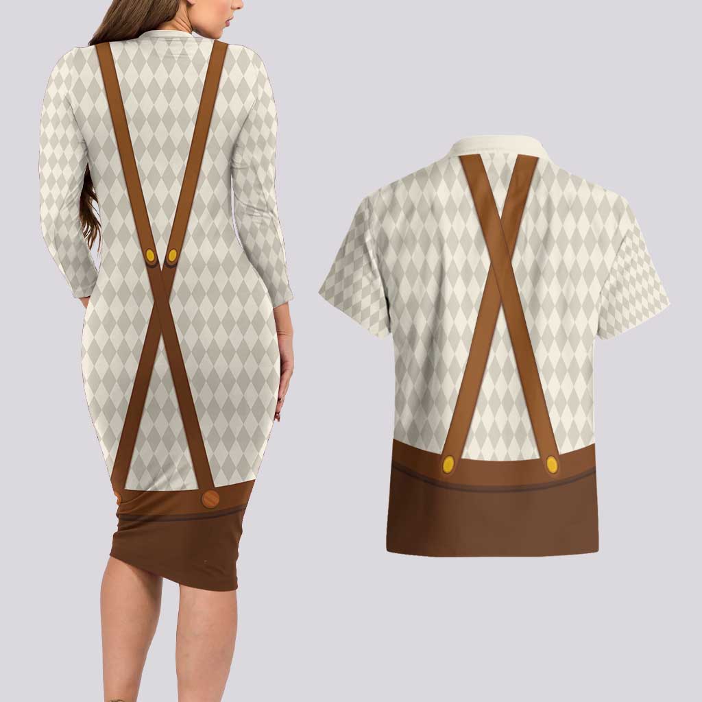 Traditional German Costume - Lederhosen and Soft Pretzel Couples Matching Long Sleeve Bodycon Dress and Hawaiian Shirt Old Vintage Bavarian Pattern