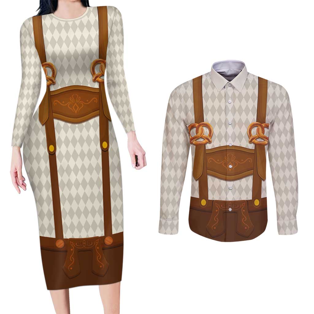 Traditional German Costume - Lederhosen and Soft Pretzel Couples Matching Long Sleeve Bodycon Dress and Long Sleeve Button Shirt Old Vintage Bavarian Pattern