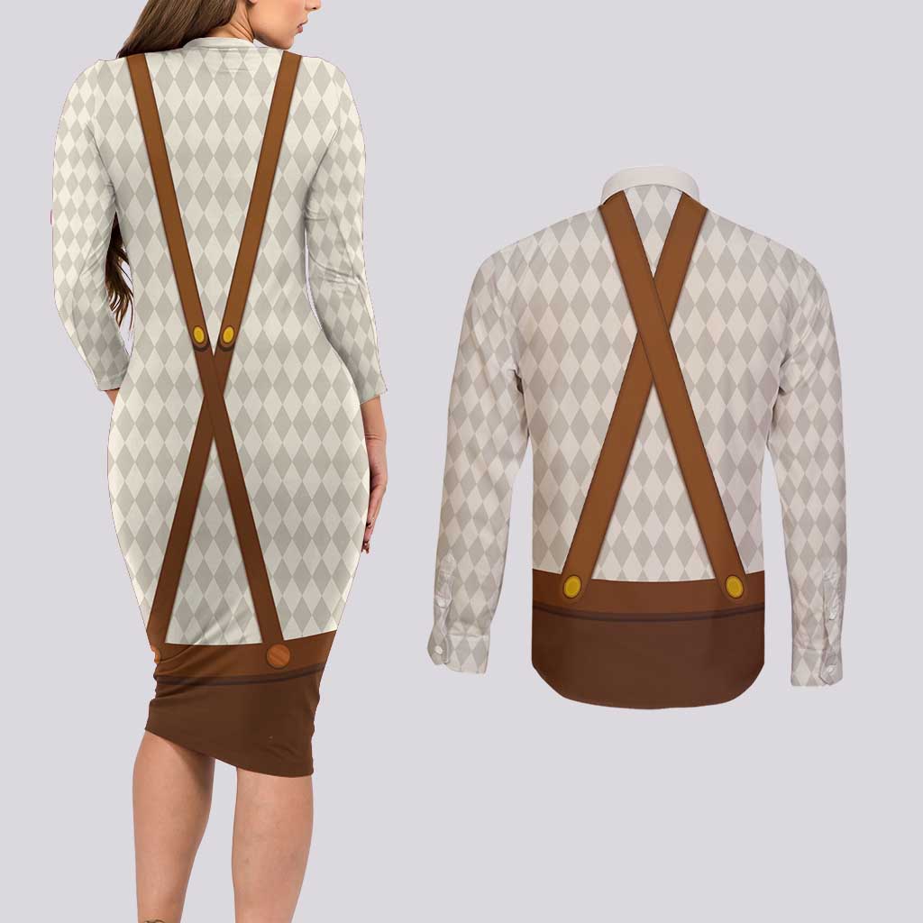 Traditional German Costume - Lederhosen and Soft Pretzel Couples Matching Long Sleeve Bodycon Dress and Long Sleeve Button Shirt Old Vintage Bavarian Pattern