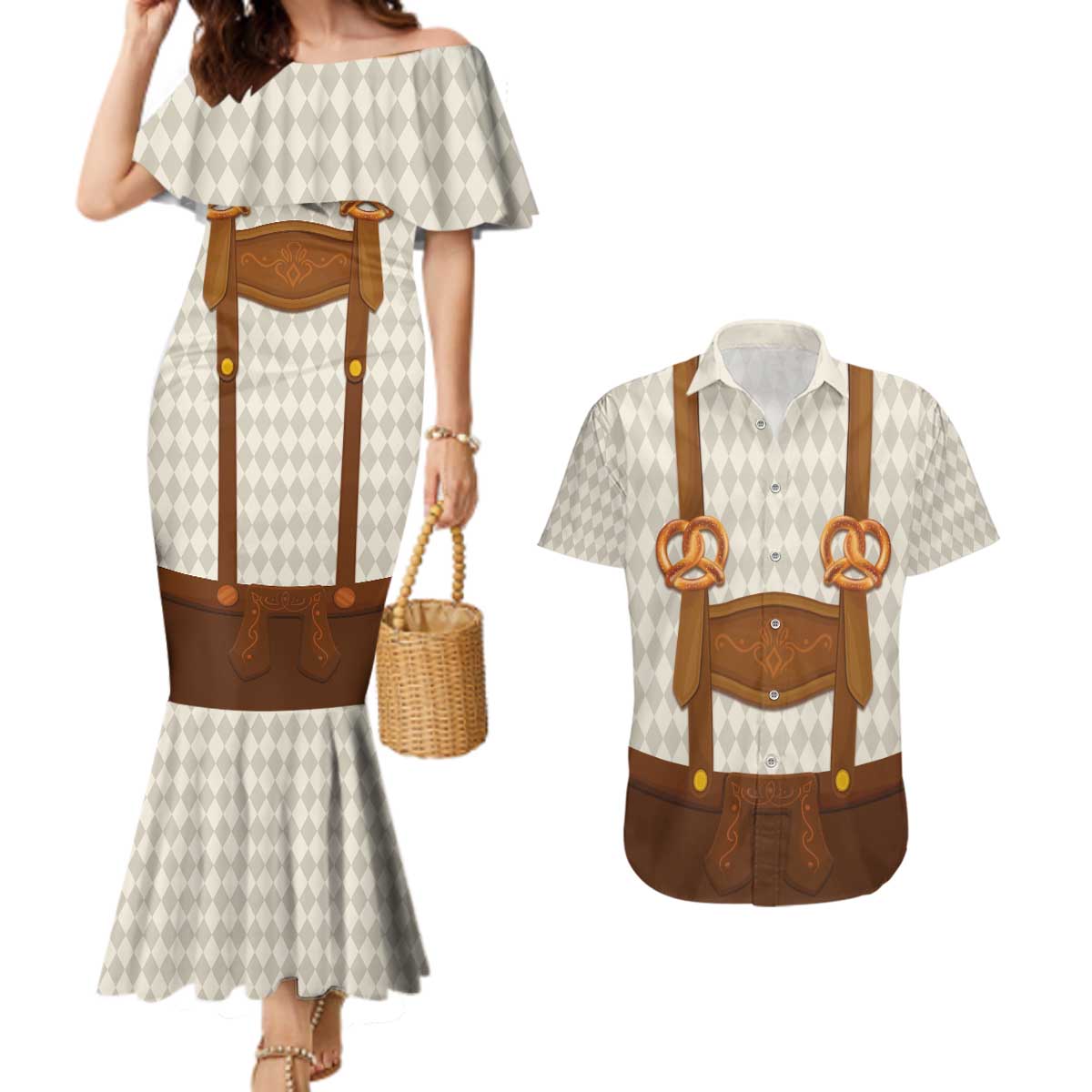 Traditional German Costume - Lederhosen and Soft Pretzel Couples Matching Mermaid Dress and Hawaiian Shirt Old Vintage Bavarian Pattern