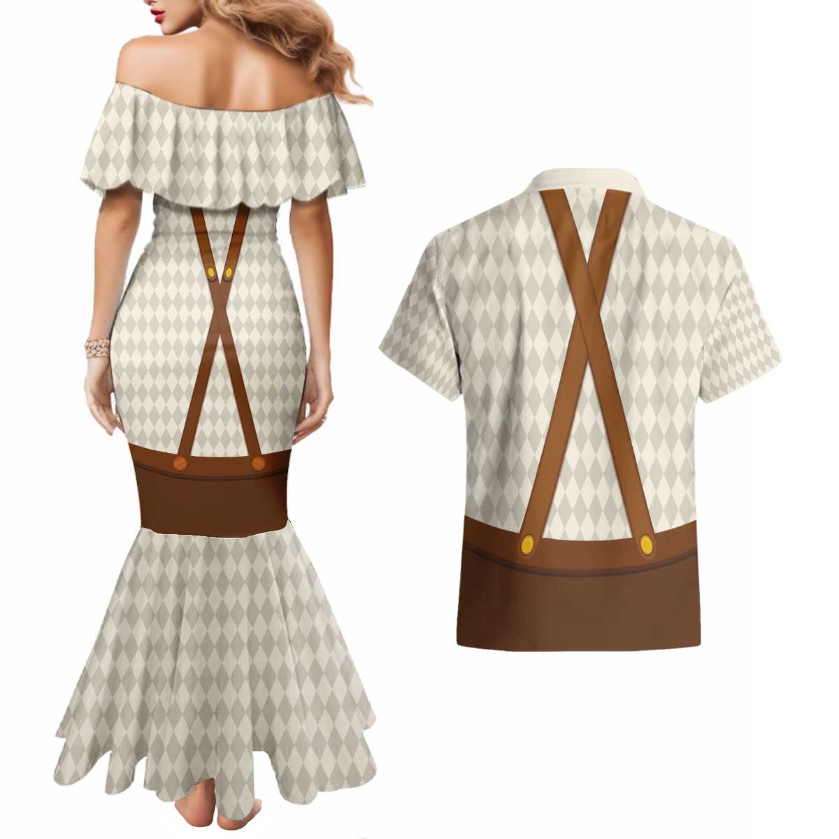 Traditional German Costume - Lederhosen and Soft Pretzel Couples Matching Mermaid Dress and Hawaiian Shirt Old Vintage Bavarian Pattern