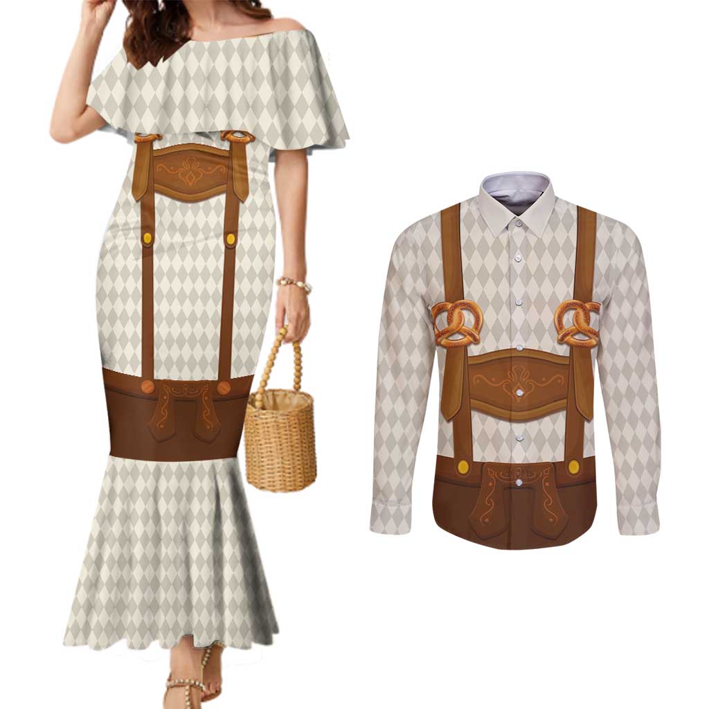 Traditional German Costume - Lederhosen and Soft Pretzel Couples Matching Mermaid Dress and Long Sleeve Button Shirt Old Vintage Bavarian Pattern