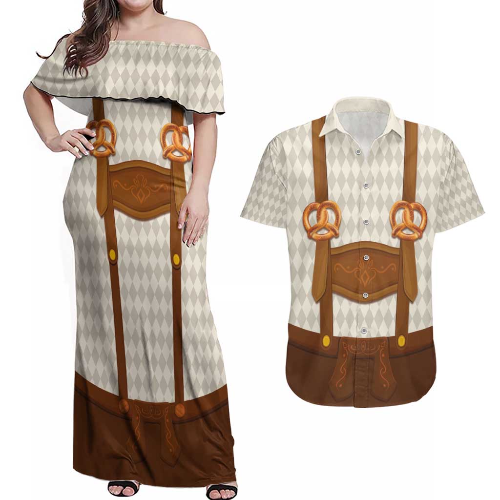 Traditional German Costume - Lederhosen and Soft Pretzel Couples Matching Off Shoulder Maxi Dress and Hawaiian Shirt Old Vintage Bavarian Pattern