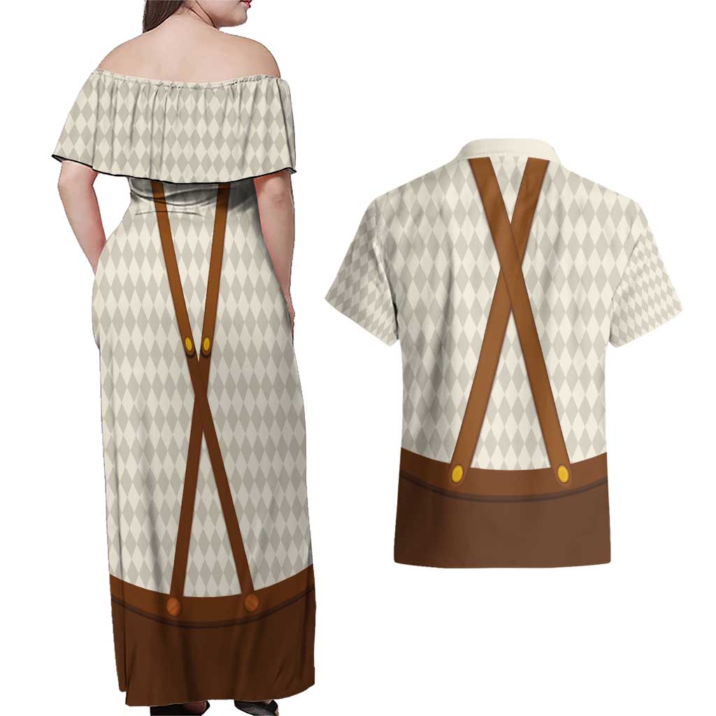 Traditional German Costume - Lederhosen and Soft Pretzel Couples Matching Off Shoulder Maxi Dress and Hawaiian Shirt Old Vintage Bavarian Pattern
