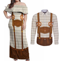 Traditional German Costume - Lederhosen and Soft Pretzel Couples Matching Off Shoulder Maxi Dress and Long Sleeve Button Shirt Old Vintage Bavarian Pattern