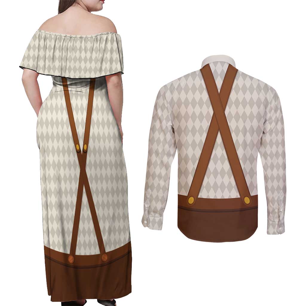 Traditional German Costume - Lederhosen and Soft Pretzel Couples Matching Off Shoulder Maxi Dress and Long Sleeve Button Shirt Old Vintage Bavarian Pattern