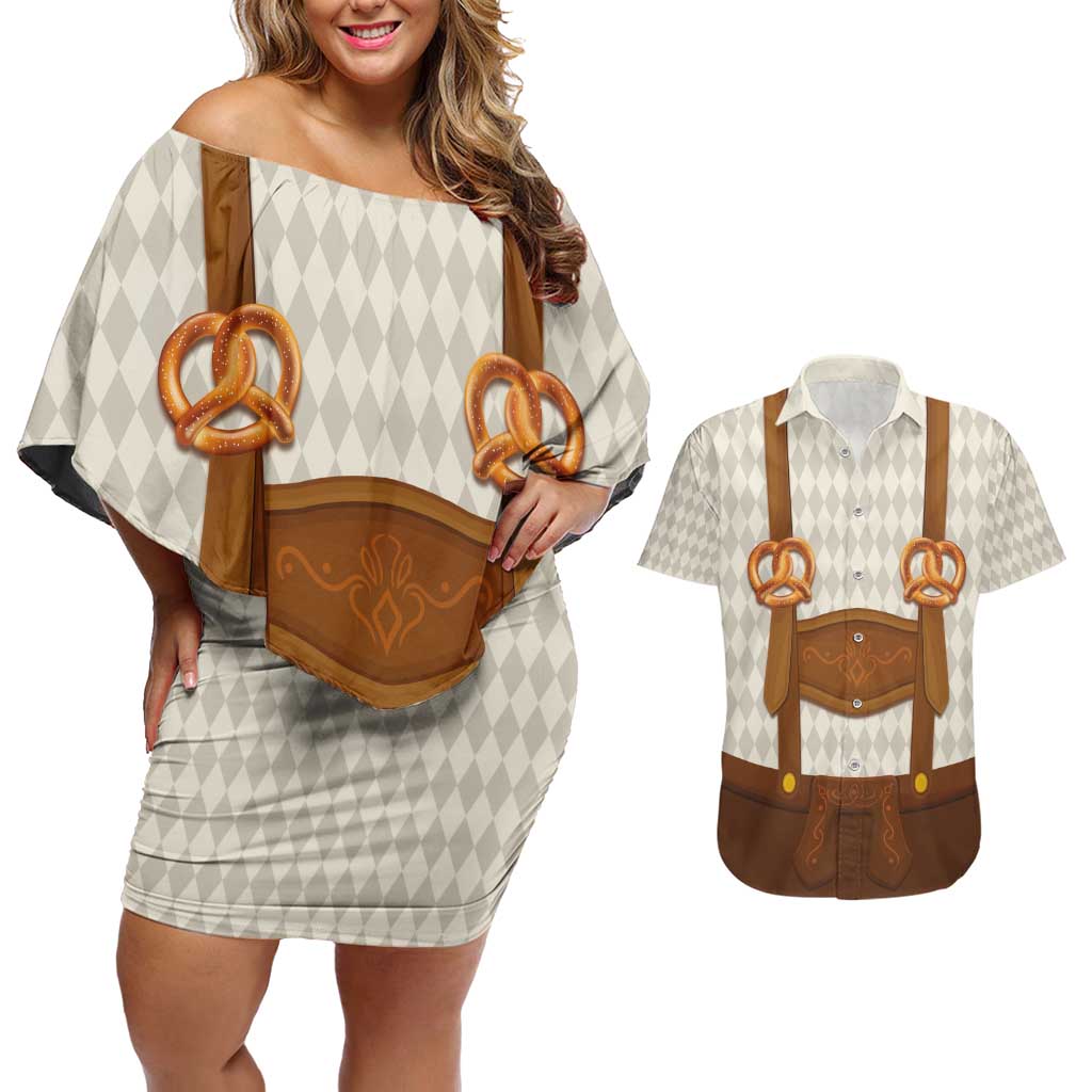Traditional German Costume - Lederhosen and Soft Pretzel Couples Matching Off Shoulder Short Dress and Hawaiian Shirt Old Vintage Bavarian Pattern