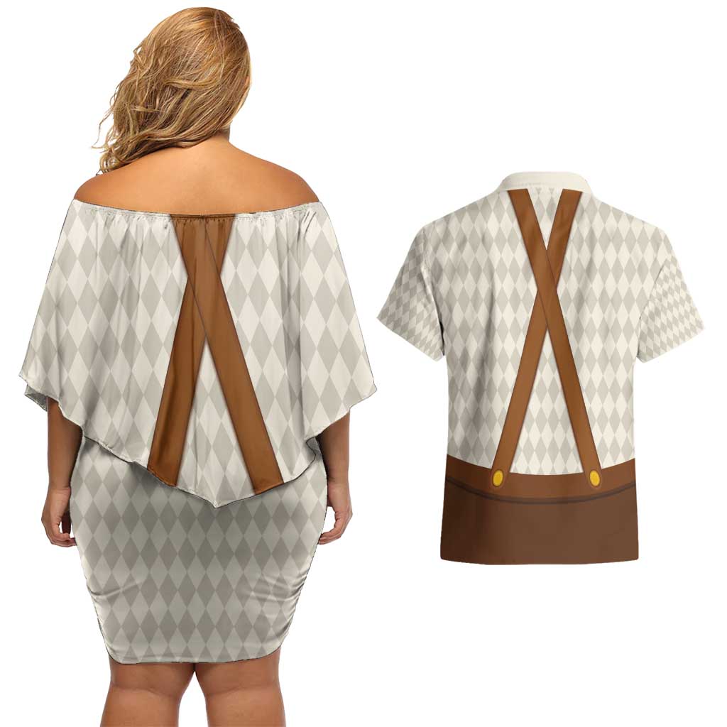 Traditional German Costume - Lederhosen and Soft Pretzel Couples Matching Off Shoulder Short Dress and Hawaiian Shirt Old Vintage Bavarian Pattern