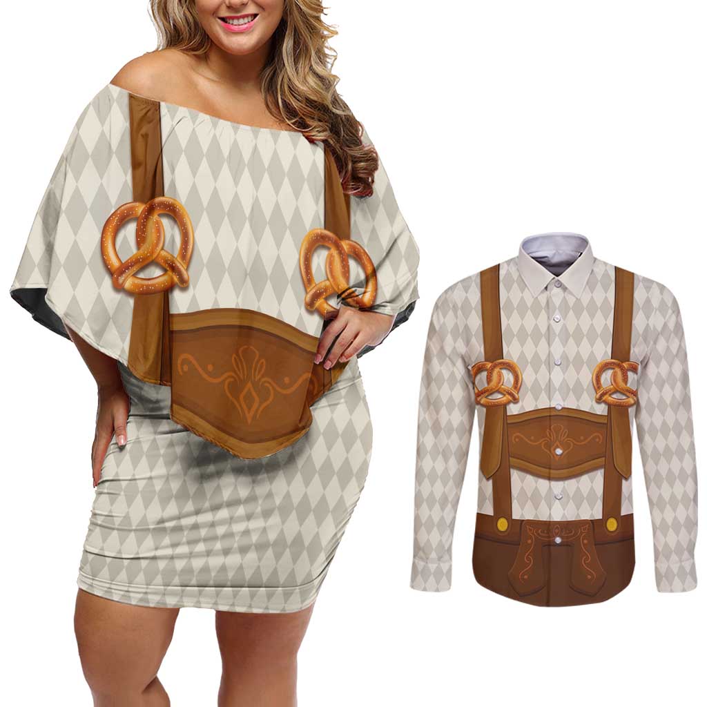 Traditional German Costume - Lederhosen and Soft Pretzel Couples Matching Off Shoulder Short Dress and Long Sleeve Button Shirt Old Vintage Bavarian Pattern