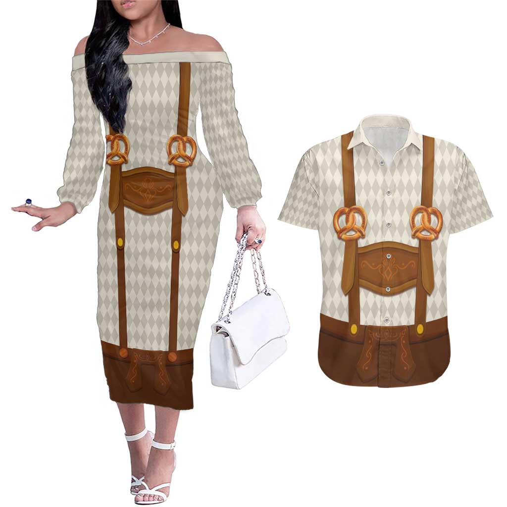 Traditional German Costume - Lederhosen and Soft Pretzel Couples Matching Off The Shoulder Long Sleeve Dress and Hawaiian Shirt Old Vintage Bavarian Pattern
