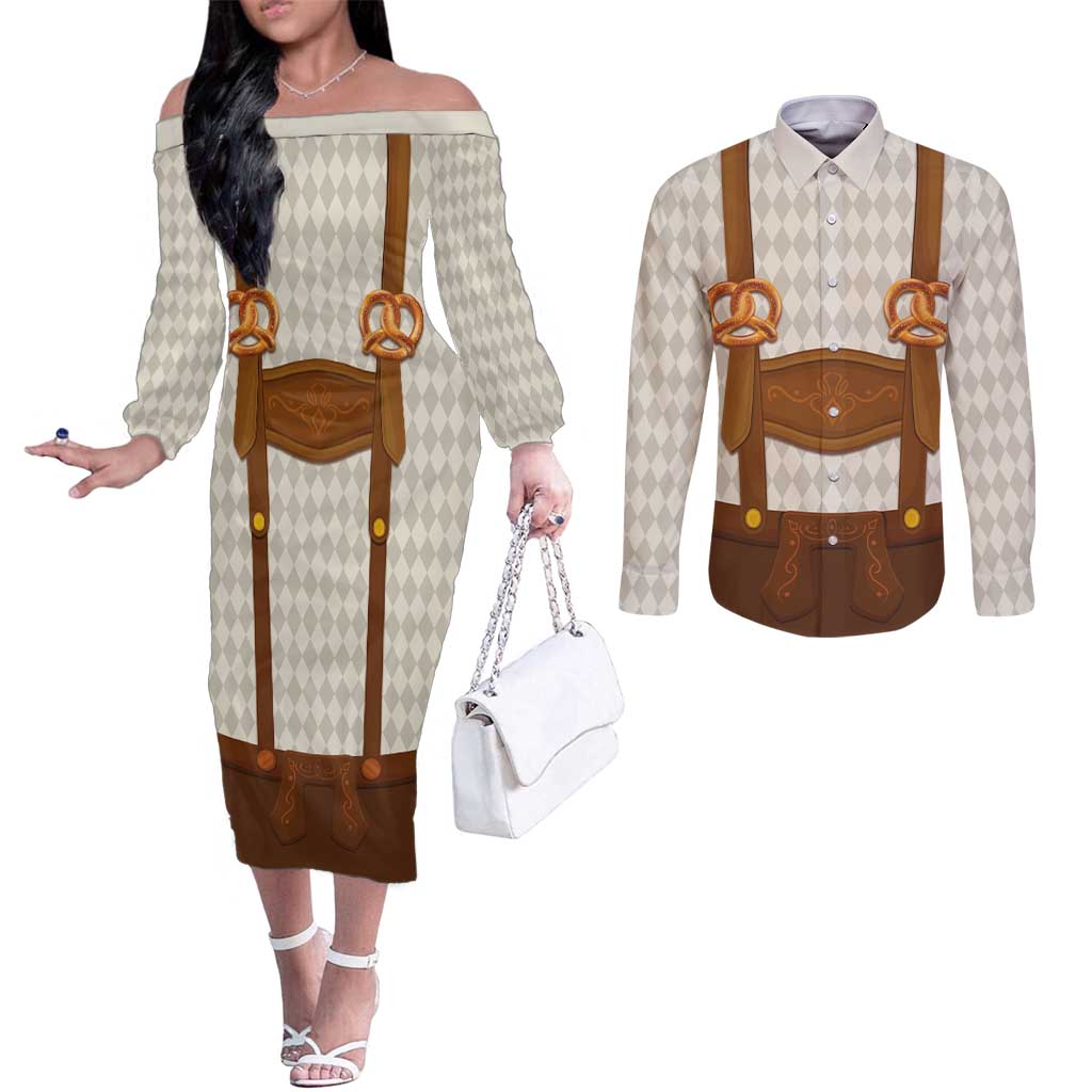 Traditional German Costume - Lederhosen and Soft Pretzel Couples Matching Off The Shoulder Long Sleeve Dress and Long Sleeve Button Shirt Old Vintage Bavarian Pattern