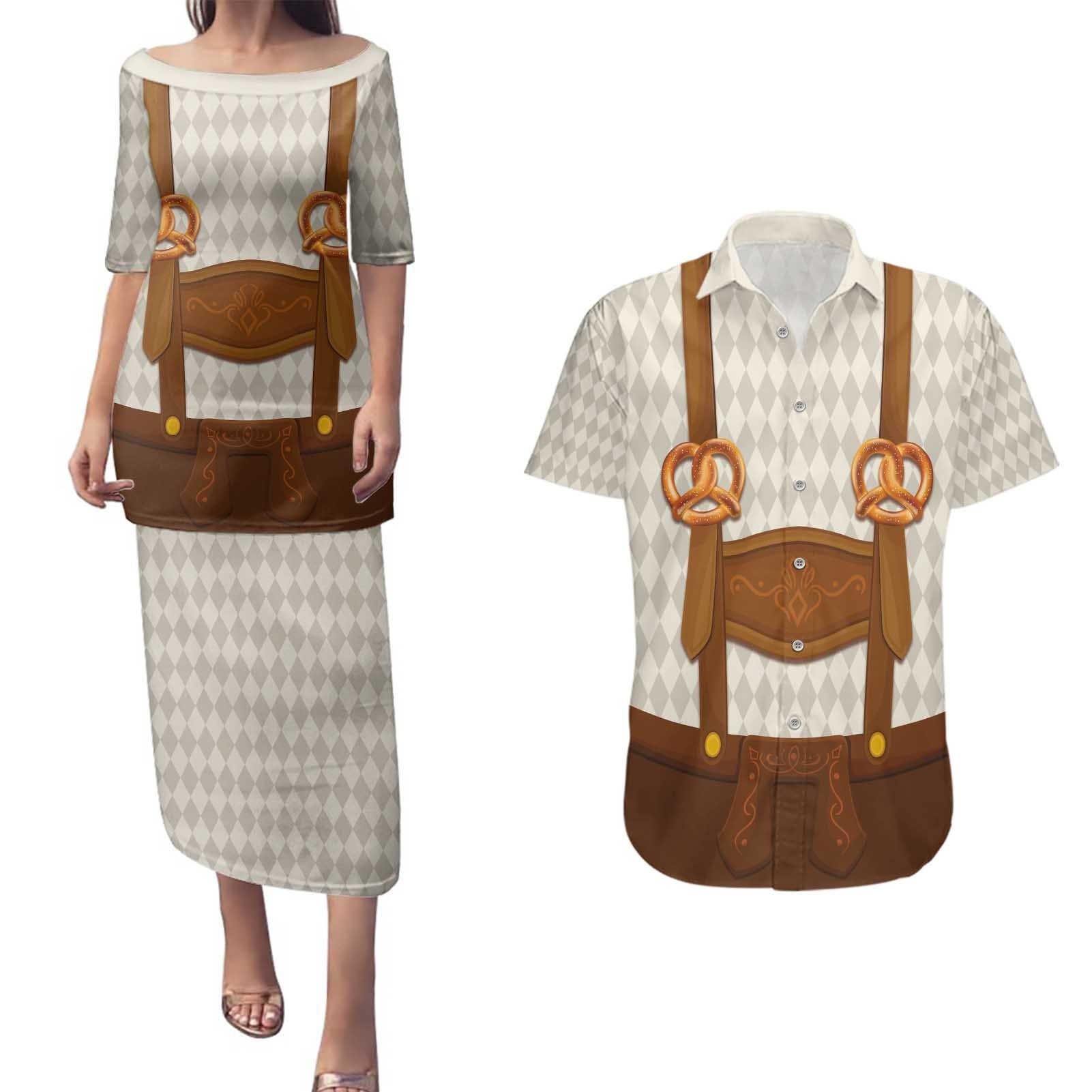 Traditional German Costume - Lederhosen and Soft Pretzel Couples Matching Puletasi and Hawaiian Shirt Old Vintage Bavarian Pattern