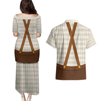 Traditional German Costume - Lederhosen and Soft Pretzel Couples Matching Puletasi and Hawaiian Shirt Old Vintage Bavarian Pattern