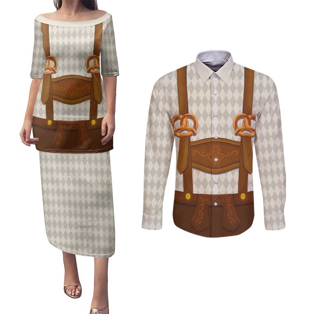 Traditional German Costume - Lederhosen and Soft Pretzel Couples Matching Puletasi and Long Sleeve Button Shirt Old Vintage Bavarian Pattern