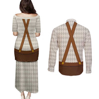 Traditional German Costume - Lederhosen and Soft Pretzel Couples Matching Puletasi and Long Sleeve Button Shirt Old Vintage Bavarian Pattern