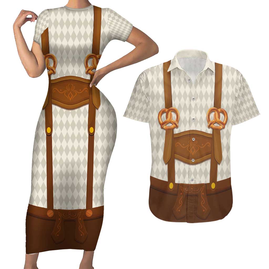 Traditional German Costume - Lederhosen and Soft Pretzel Couples Matching Short Sleeve Bodycon Dress and Hawaiian Shirt Old Vintage Bavarian Pattern
