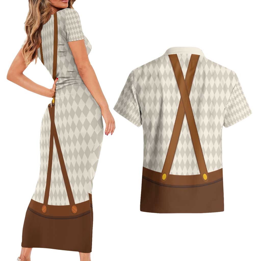 Traditional German Costume - Lederhosen and Soft Pretzel Couples Matching Short Sleeve Bodycon Dress and Hawaiian Shirt Old Vintage Bavarian Pattern