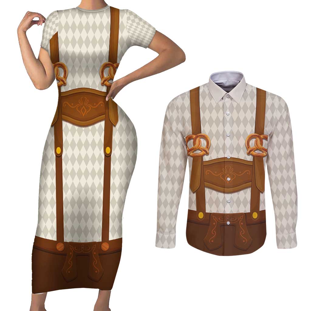 Traditional German Costume - Lederhosen and Soft Pretzel Couples Matching Short Sleeve Bodycon Dress and Long Sleeve Button Shirt Old Vintage Bavarian Pattern