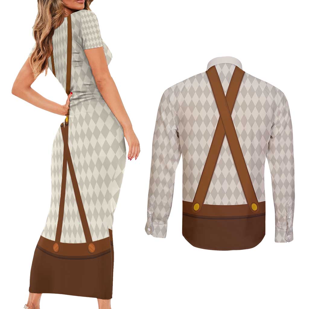 Traditional German Costume - Lederhosen and Soft Pretzel Couples Matching Short Sleeve Bodycon Dress and Long Sleeve Button Shirt Old Vintage Bavarian Pattern