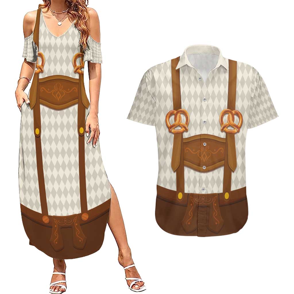 Traditional German Costume - Lederhosen and Soft Pretzel Couples Matching Summer Maxi Dress and Hawaiian Shirt Old Vintage Bavarian Pattern