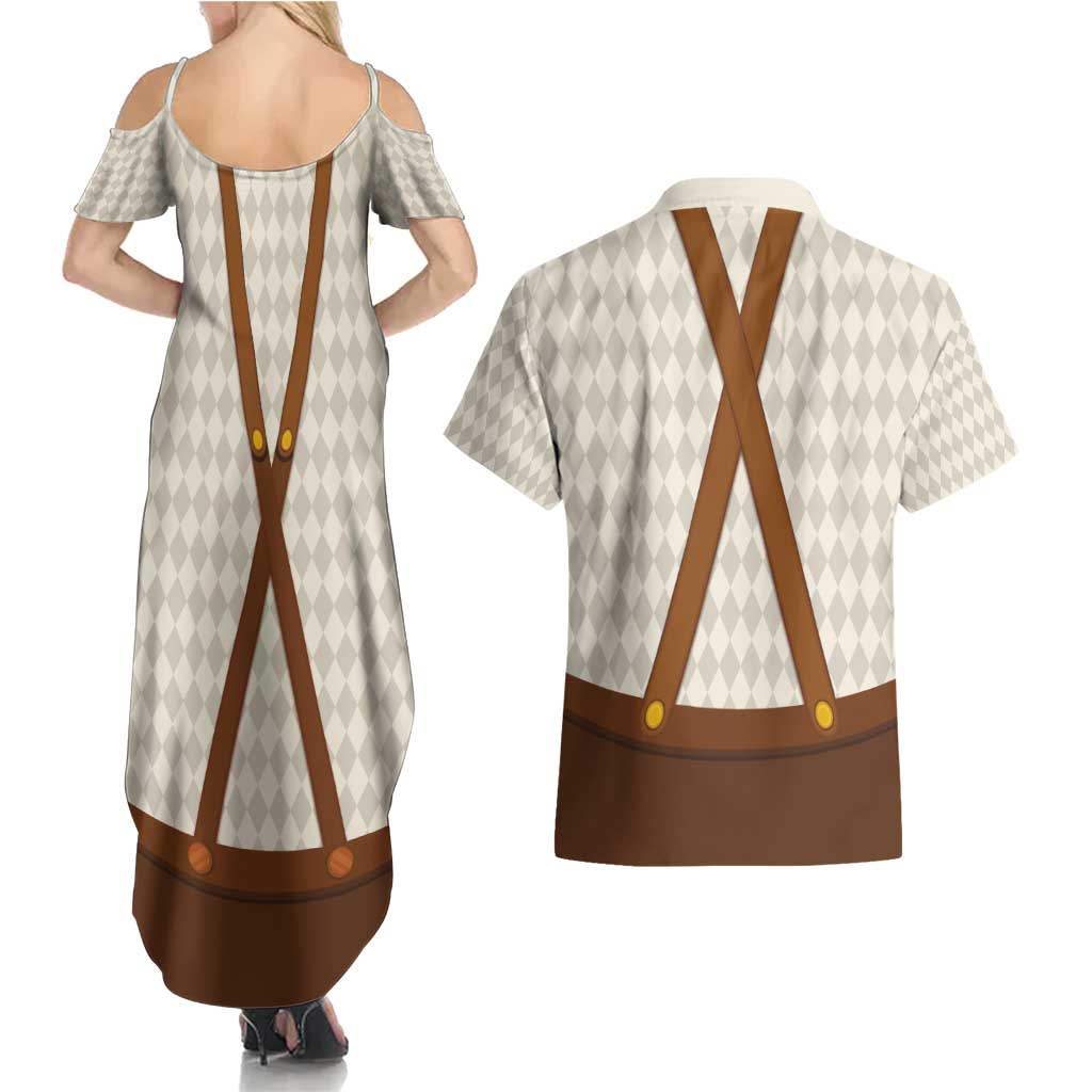 Traditional German Costume - Lederhosen and Soft Pretzel Couples Matching Summer Maxi Dress and Hawaiian Shirt Old Vintage Bavarian Pattern