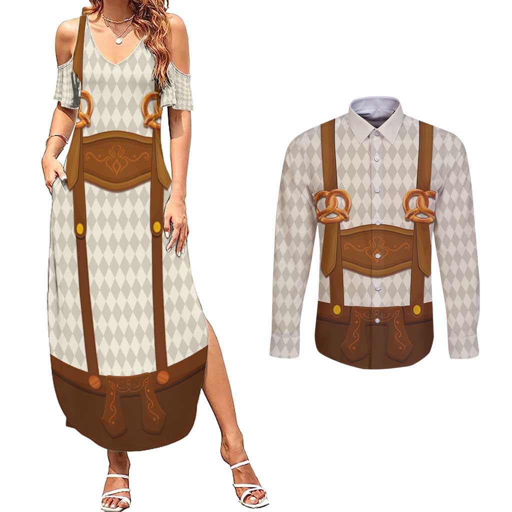 Traditional German Costume - Lederhosen and Soft Pretzel Couples Matching Summer Maxi Dress and Long Sleeve Button Shirt Old Vintage Bavarian Pattern