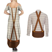 Traditional German Costume - Lederhosen and Soft Pretzel Couples Matching Summer Maxi Dress and Long Sleeve Button Shirt Old Vintage Bavarian Pattern