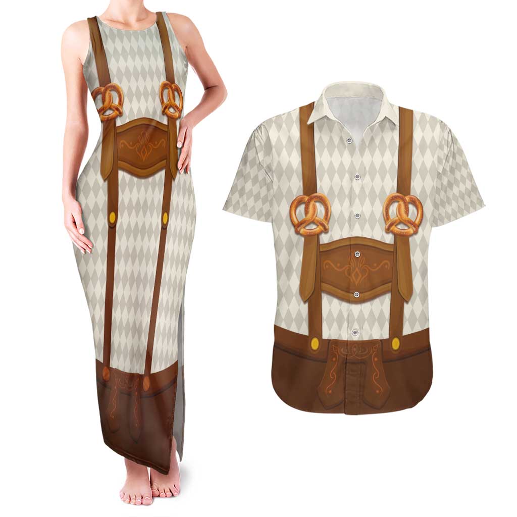 Traditional German Costume - Lederhosen and Soft Pretzel Couples Matching Tank Maxi Dress and Hawaiian Shirt Old Vintage Bavarian Pattern