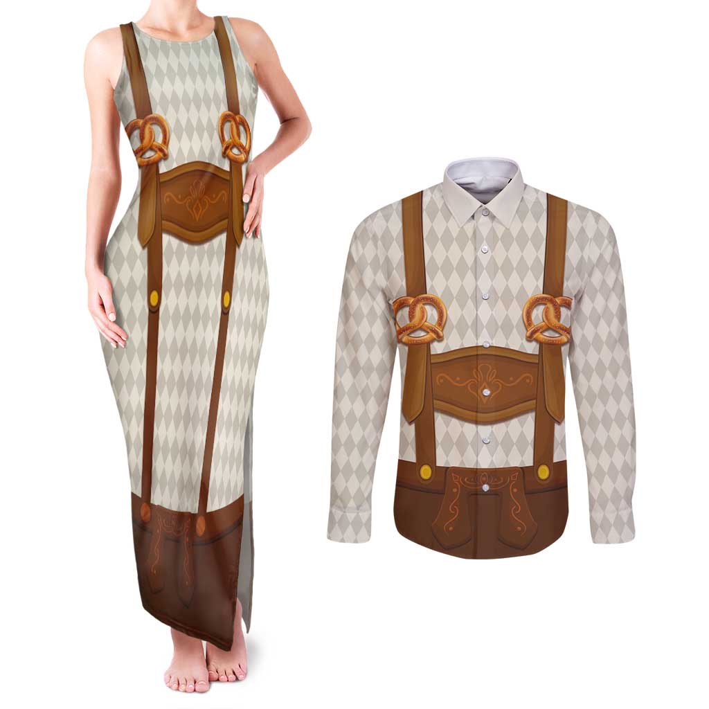 Traditional German Costume - Lederhosen and Soft Pretzel Couples Matching Tank Maxi Dress and Long Sleeve Button Shirt Old Vintage Bavarian Pattern